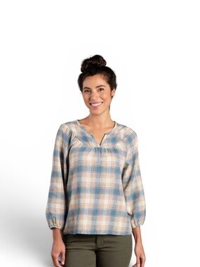 Toad&Co Blue and Cream Plaid Peasant Tunic size Large
